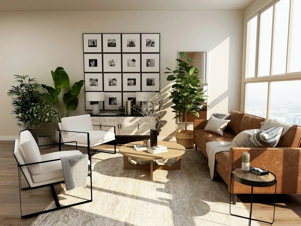 Zona living contemporanea con materiali naturali